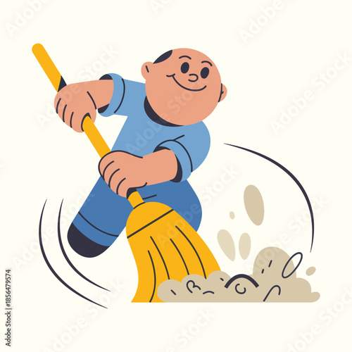Cute Cleaner Cartoon Sweeping Floor Clean Environment Flat Vector Illustration