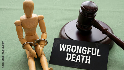 A wooden artist mannequin wearing handcuffs sits near a judge's gavel and a black card explicitly stating wrongful death litigation concept.