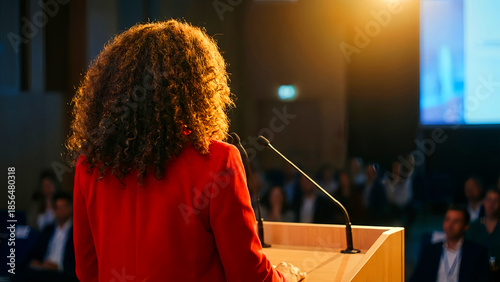 A dynamic woman with voluminous curly hair wearing a bright red blazer commands attention while delivering an impactful speech from a wooden podium before a large audience.