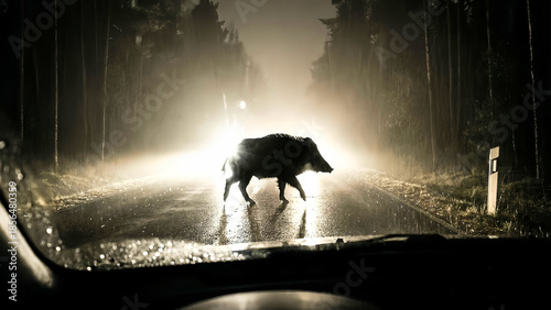 Wild boar crosses a dark, wet forest road at night, dramatically illuminated by bright vehicle headlights caught from the driver's perspective.
