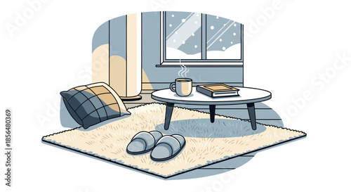 Cozy living room with slippers, coffee, and book by snowy window