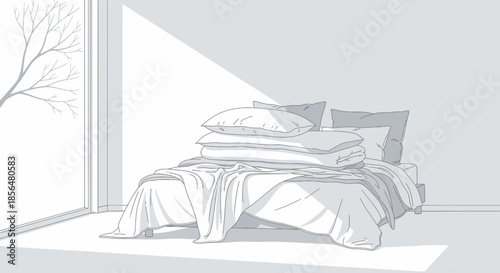 Cozy bedroom interior with neatly made bed and soft blankets