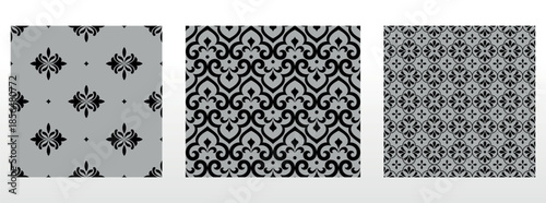 Geometric floral set of seamless patterns. Gray and black vector backgrounds. Damask graphic ornaments