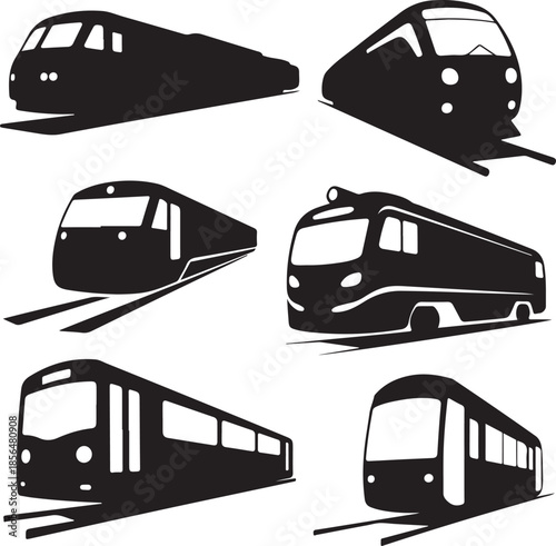 Collection of modern train silhouettes isolated on transparent background