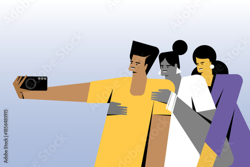 Diverse group of friends taking a selfie, symbolizing unity, friendship, and community