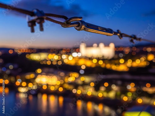 Photography Cityscape of Bratislava with Bokeh Lights and Cable Focus