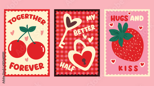 Retro Valentine's Day Cards with Strawberry, Cherries, Lock and Key Design