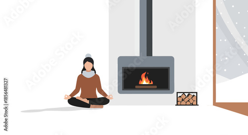 Woman meditating peacefully by warm fireplace on snowy day
