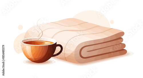 Cozy morning scene with steaming cup of coffee and folded blanket