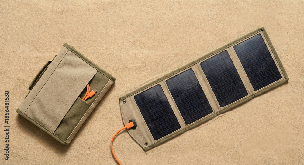 Fototapeta premium Foldable portable solar panel charger with orange cable on a textured beige background in a minimalist flat lay.