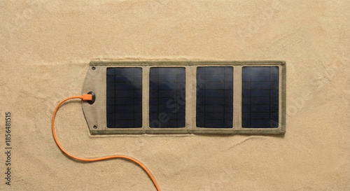 Foldable portable solar panel charger with orange cable on a textured beige background in a minimalist flat lay.