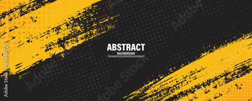 Black and yellow abstract background with brushstroke and halftone style.