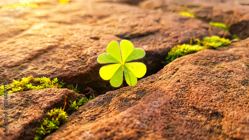 Vibrant, bright green four-leaf clover plant sprouts upward, catching the warm golden sunlight filtering through a crack in rough textured brown stone