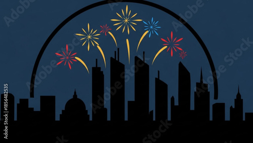City skyline at night with colorful fireworks exploding in the sky, urban celebration scene with skyscrapers and vibrant display of red, yellow and blue sparks, nighttime