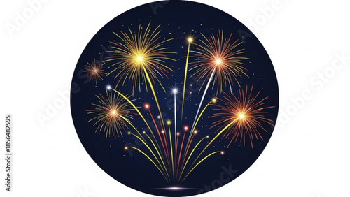Vibrant fireworks exploding in the night sky, colorful celebration illustration, festive atmosphere, circular frame, dark background