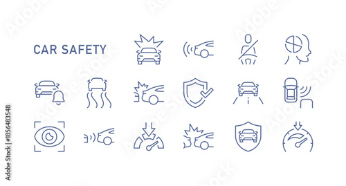 Car safety and driver protection icons set showing accident prevention, airbag, collision warning, and vehicle security elements designed for automotive industry, insurance and transport themes.