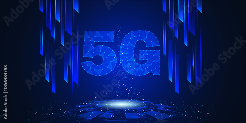 Abstract digital technology futuristic 5g wifi connect blue background, Cyber science tech layout, Innovation future Ai big data, Global internet network connection, Cloud hi-tech illustration