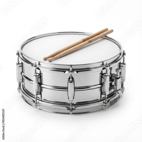 Classic snare drum with wooden sticks isolated on white background.