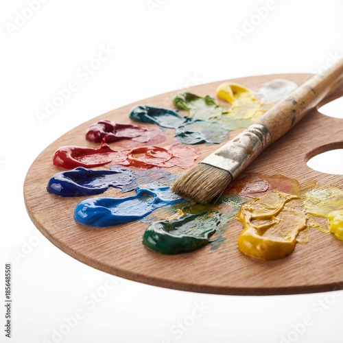 Wooden artist palette with colorful paint and brush isolated on white.