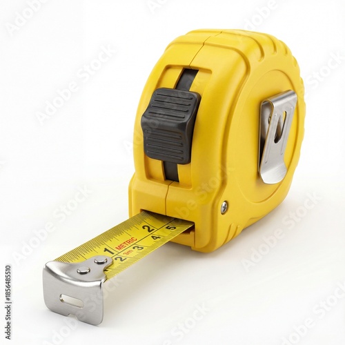 Yellow retractable tape measure tool isolated on white background.