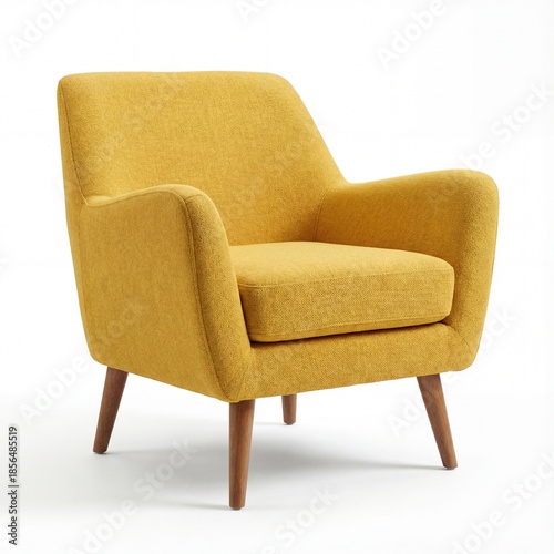 Yellow Scandinavian fabric armchair with wooden legs isolated on white.