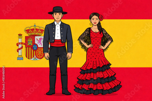 Vector illustration of a Spanish man and woman wearing their traditional clothes.
