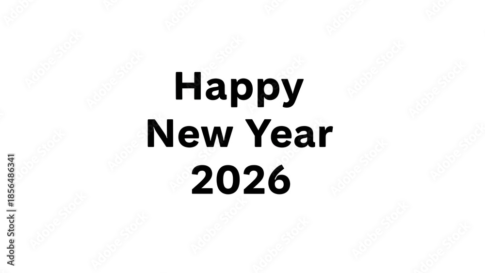 Fototapeta premium Minimalist black Happy New Year 2026 text on clean white background, simple holiday graphic