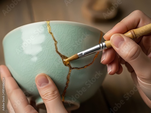 Restoring a broken ceramic bowl with kintsugi technique