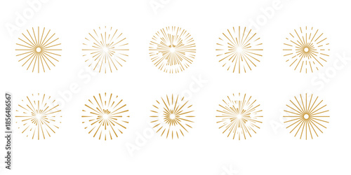 Modern festive golden fireworks set with stars and sparks isolated on white background, icons vector illustration for Christmas, Happy New year, Holiday, Anniversary, Party, Diwali, Celebration BG