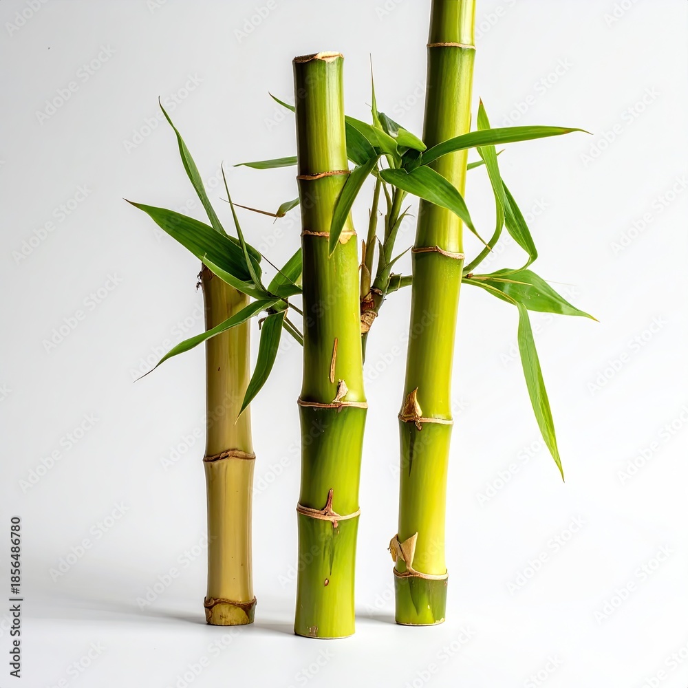 Fototapeta premium Three vibrant bamboo stalks, each with fresh green leaves, rise against a plain white background. The stalks vary in shades of light and dark green, and the leaf clusters are clustered atop the stems