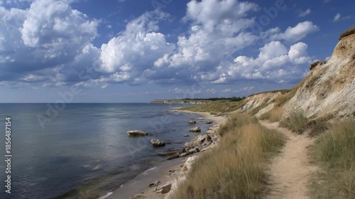 This wide shot captures a stunning and tranquil coastal landscape under a beautiful blue sky adorned with voluminous white cumulus clouds. The calm, clear ocean stretches towards the horizon, meeting 
