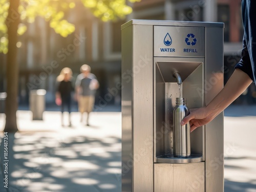 Person refilling water bottle at outdoor water refilling station