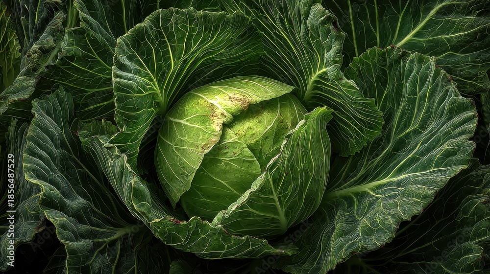 Fototapeta premium a vibrant green cabbage rests at the center of rich green leaves showcasing its freshness and healthy growth in a thriving garden setting