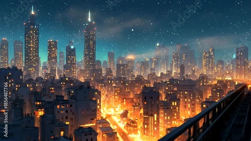 Nighttime city skyline with glowing lights and stars