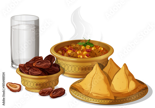 Traditional Ramadan Iftar Food Vector Illustration with Moroccan Harira Soup Bowl, Crispy Samosas, Dried Dates Fruit, and Glass of Water. Isolated Healthy Fast Breaking Meal