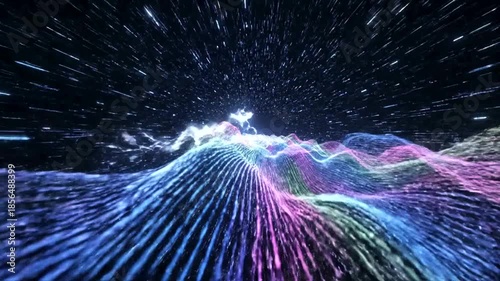 Abstract digital landscape with glowing lines and starry sky, creating a futuristic and dynamic background.