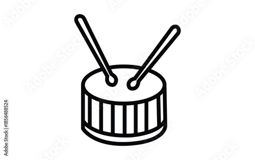 Minimalist black line art icon design depicting a snare drum positioned centrally with two drumsticks poised above the resonant head ready for rhythmic percussion performance or musical practice.