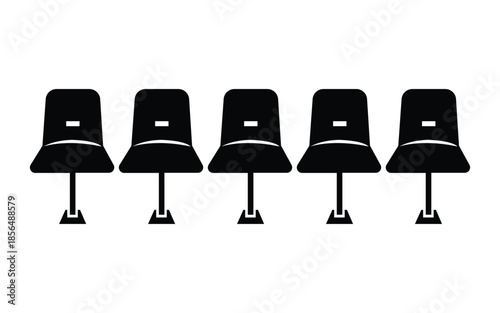 Row of five minimalist black and white icons representing connected waiting room seats or airport terminal benches perfect for public transport or reception area designs
