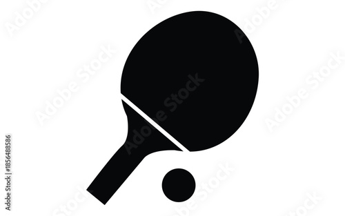 Simple black and white icon graphic depicting a table tennis paddle poised above a small, perfect sphere representing the ball used for the popular fast-paced indoor racket sport game.