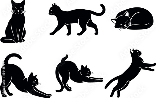 Silhouette Collection Graceful Black Cats in Assorted Poses - Vector Illustration