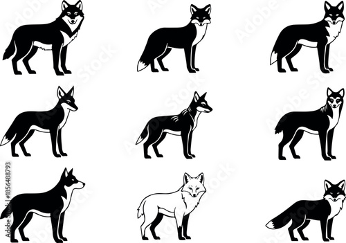 Set of Stylized Black and White Fox Illustrations