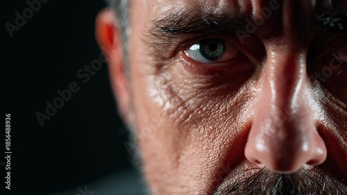 The focus is on a man's eyes and face, highlighting deep wrinkles and a strong expression. The lighting creates a dramatic atmosphere, emphasizing his emotions