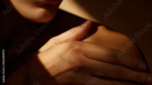 At sunset, a person gently caresses their shoulder in a warm and calming atmosphere, showcasing the beauty of skin illuminated by soft light