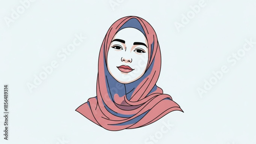 Portrait illustration of a young Muslim woman wearing a pink hijab modern Islamic fashion isolated on a light background