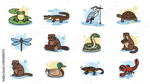 Collection of cute wetland animal icons flat vector illustrations for nature or wildlife concepts isolated on white background