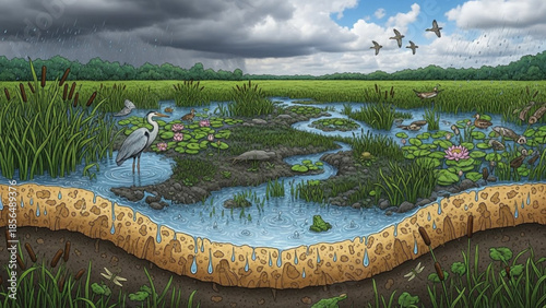 Wetland ecosystem illustration showing a marsh with a heron water lilies and aquatic life under stormy and sunny skies