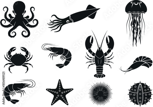 Sea Animals Set Octopus, Squid, Crab, Jellyfish, Starfish, Shrimp Silhouette Icons