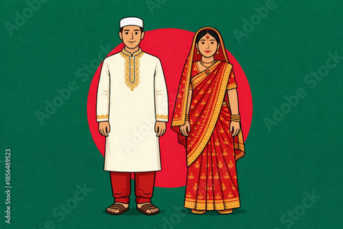 Vector illustration of Bangladeshi men and women wearing their traditional clothes.