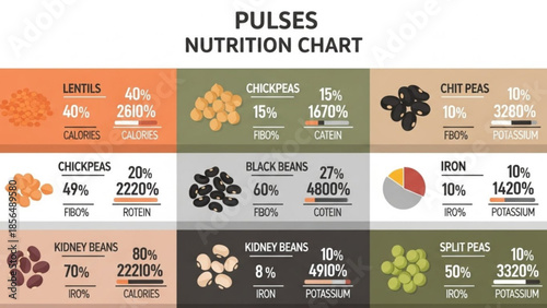Pulses nutrition chart infographic showing lentils chickpeas beans and split peas with nutritional information flat design for health and diet c