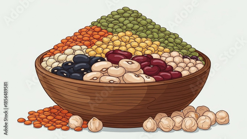 Assortment of dried legumes and lentils in a wooden bowl healthy food ingredients for cooking and nutrition isolated on a light background